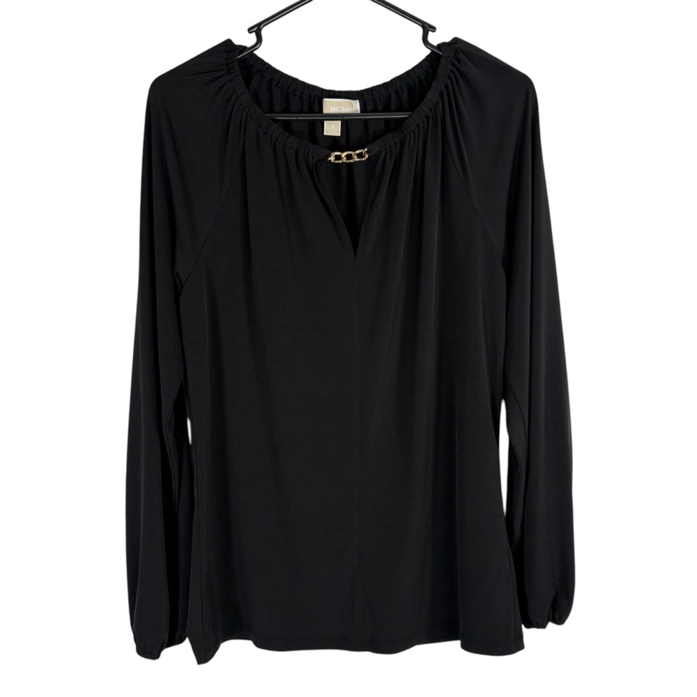 MICHAEL Michael Kors Womens Small Black Blouse Long Sleeve Keyhole Neck Gold
